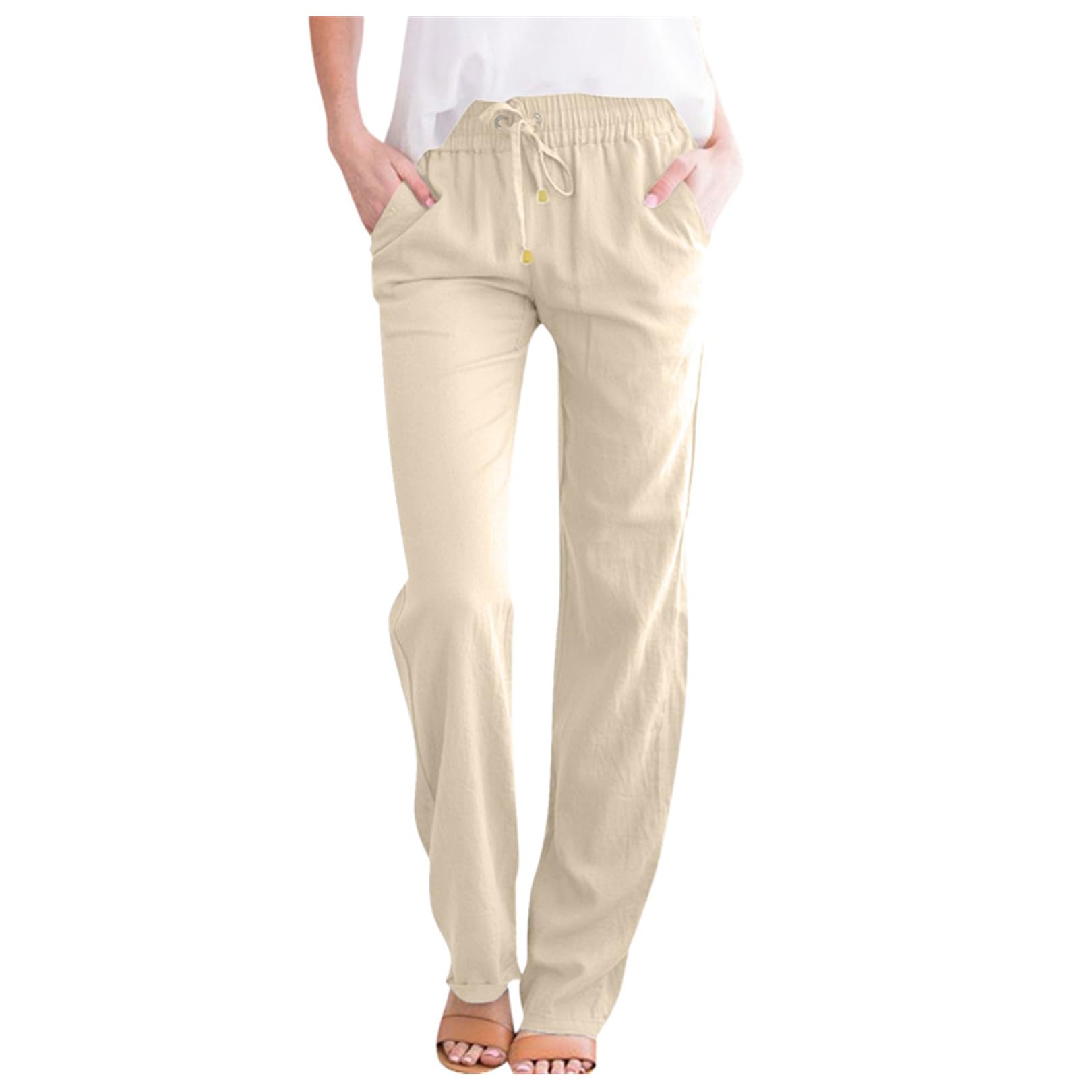 ZLQRSSWK Leinenhose Damen Hose Sommer Musselin Hosen Stoffhose Einfarbig Freizeithose Gerade Geschnitten Sommerhose und Taschen Sommerhose Damen Leicht Baumwolle Leinen Hose