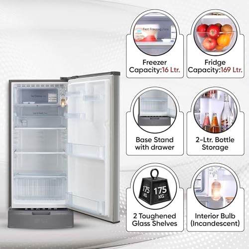 Image of LG 185 L 4 Star Direct-Cool Smart Inverter Compressor Single Door Refrigerator (‎‎GL-D199OPZY, Shiny Steel, Base Stand with Drawer)
