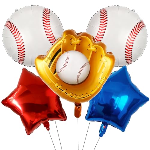 Baseball Balloons Set Baseball Glove Shaped Foil Balloon with Blue & Red Star Balloons for Sports Theme Birthday Party & Baby Shower Decorations