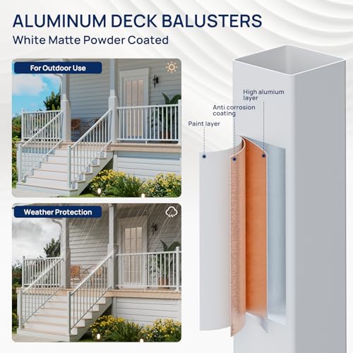 Image of Egadis 1 Pack 2.56 in x 2.56 in x 39 in White Aluminum Railing Post | 10mm Thickend Welded Base, Textured AAMA2604 Finish Modualr Railing Post for Decks, Porches & Balconies (1x 39in Post)