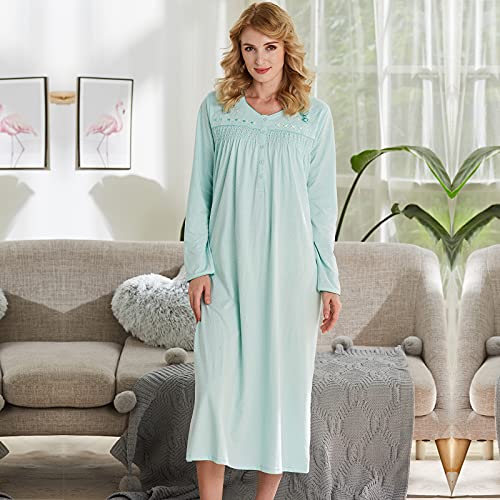 Keyocean Nightgowns For Women, Soft 100% Cotton Long Sleeve Warm Comfortable Ladies Nightdress, Light Green, Xx-Large #TOP2