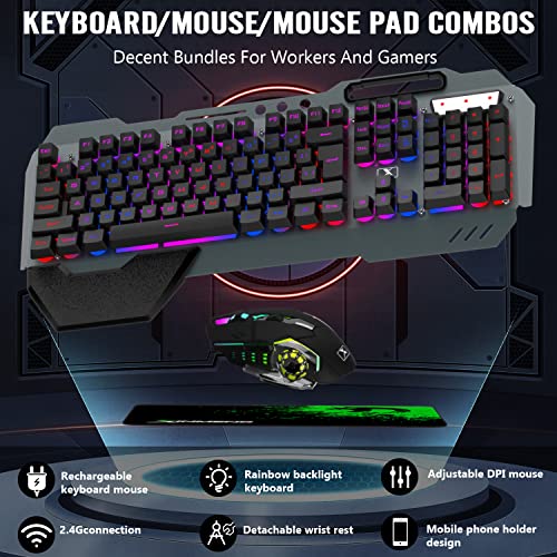 Image of Wireless Gaming Keyboard and Mouse Combo,Rainbow LED Backlit Keyboard with Rechargeable 3800mAh Battery Metal Panel,Removable Wrist Rest Mechanical Feel and 7 Color Mute Gaming Mice for PC PS4 PS5