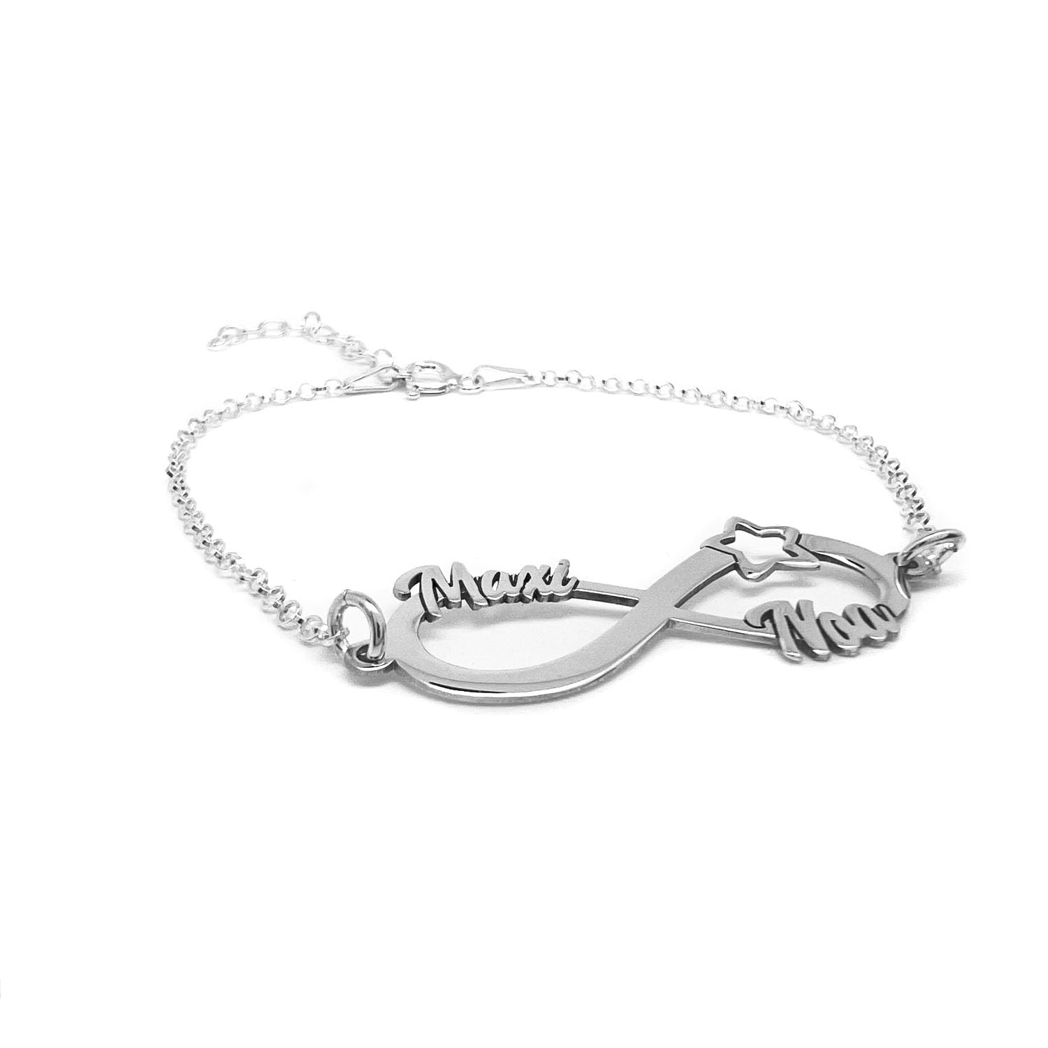 Pulsera Infinito Personalizada para Mujer con 3 Nombres – Plata de Ley 925/1000 – Medidas: 38x12mm - Hecha a Mano en Málaga – Regalo Día de la Madre y Navidad Modelo Estrella