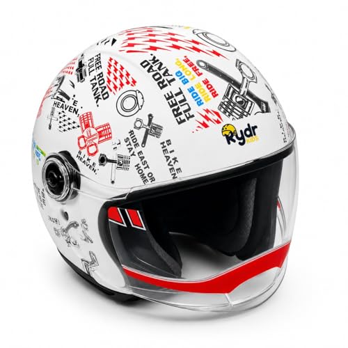 Image of RYDR A Doodle White Graphic Half-Face Helmet for Men & Women with Balaclava, Helmet Bag & Arm Sleeves Combo