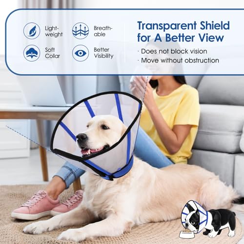 Image of Dog Cone, Soft Cone for Dogs to Stop Licking, Transparent Pet Recovery Collar with Detachable Clear Shield, Neck E-Collar Alternative for Small Breeds, Blue S