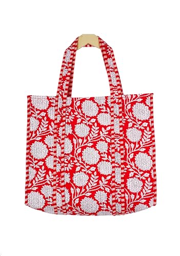 Image of Quilted Cotton Hand printed Reversible Large multicolor cotton Tote Bag,Indian Handmade Block Printed Tote Bag Women Handbag
