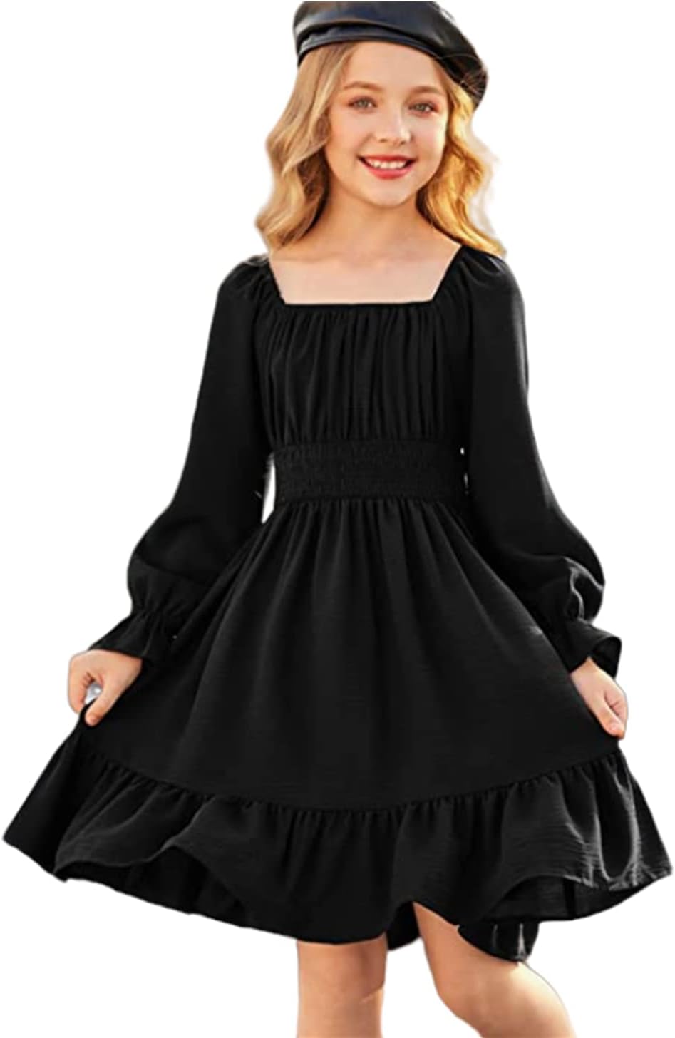 Qiraoxy Girls Dress Long Sleeve Swing Dress Casual Square Neck A-Line Skater Dress Party Dresses Elegant Dresses Wedding School Clothes for Kids Girls 5-12 Years