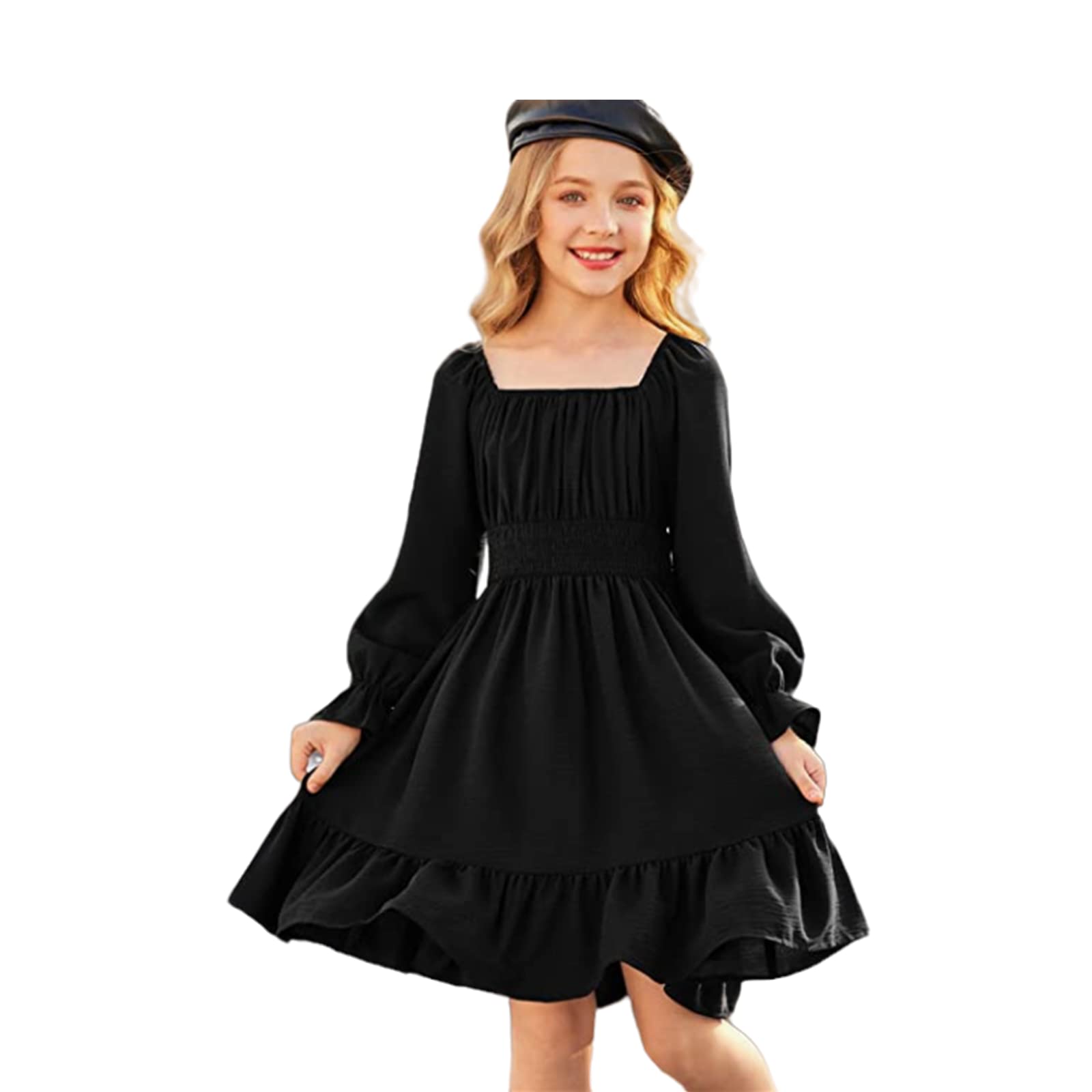 Qiraoxy Girls Dress Long Sleeve Swing Dress Casual Square Neck A-Line Skater Dress Party Dresses Elegant Dresses Wedding School Clothes for Kids Girls 5-12 Years