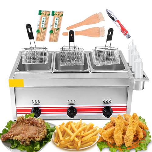 Freidora de grasa profunda, freidora de gas profesional, triple cilindro comercial con estante para condimentos y botellas de salsa para pollo frito y camarones