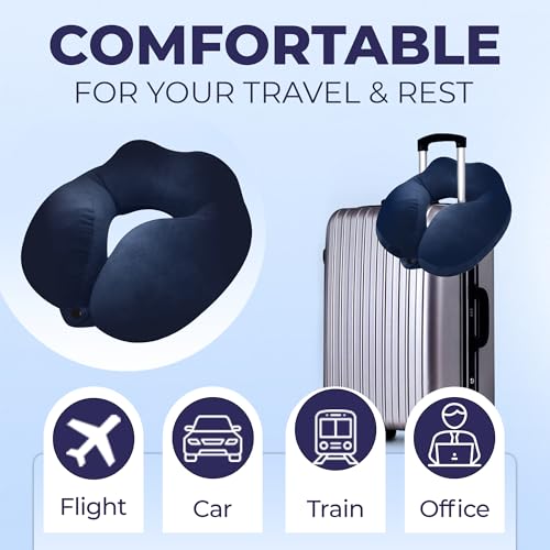 Image of Rover Travel Neck Pillow - Soft Fiber Filled with Snap Button, Plush Fabric, Neck Support for Flight, Bus, Car, Pain Relief (Navy Blue)