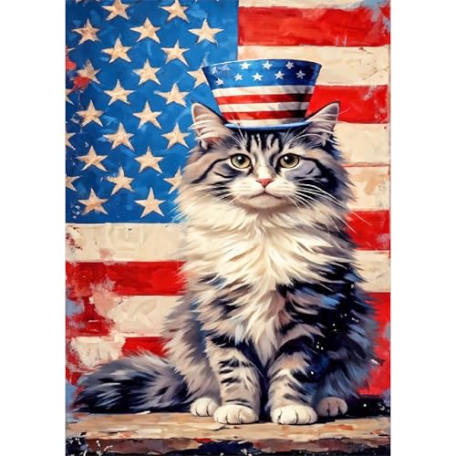 Image of 4th of July DIY 5D Diamond Painting Kits for Adults, American Flag Cat Diamond Art Kits for Adults, Full Round Drill Diamond Painting Independence Day Home Wall Decor 12x16 Inch