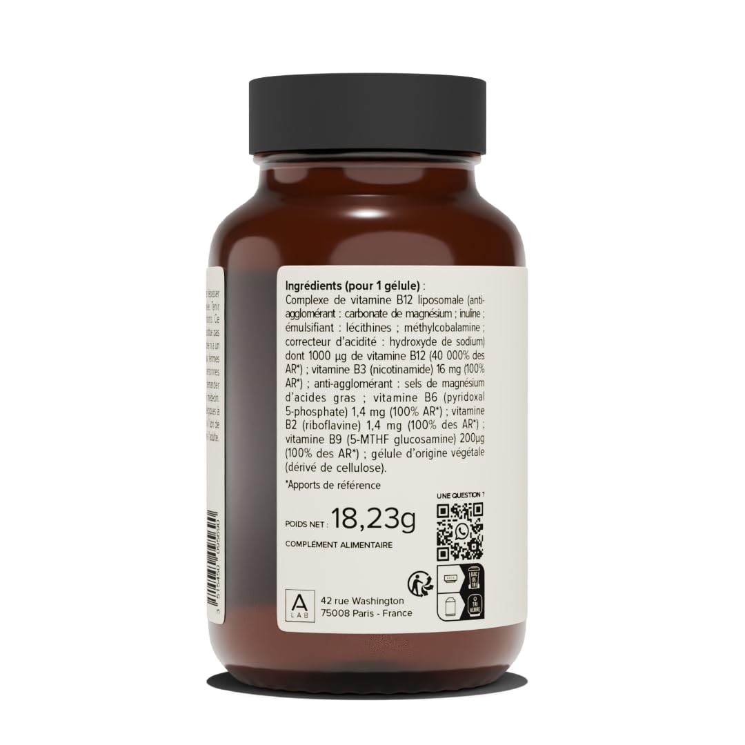A-LAB Vitamine B12 liposomale 1000µg - Assimilation renforcée - Complément Alimentaire Santé Cardiovasculaire, Système Nerveux, Energie - Vitamines B2, B3, B6, B9, B12-45 jours - Fabriqué en France