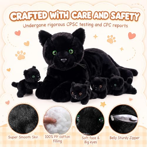 Image of Skylety 5 Pieces Cat Stuffed Animal with Babies Inside Belly Plush Cat Pregnant Mommy Kitty with 4 Cute Fluffy Stuffed Kittens Christmas Birthday Surprise Gifts(Dark Black)