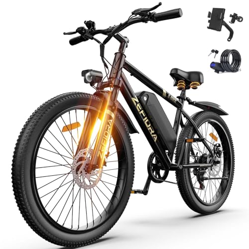 ZEFIORA Electric Bike for Adults, 1500W Peak Motor Mountain Ebike, 20MPH Up to 45 Miles, 7-Speed, 48V 10Ah Removable Battery Ebike with Phone Holder & Bike Lock, 26" Electric Bicycle
