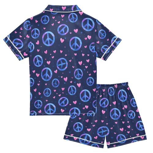 ALAZA Peace Love Black Satin Pajamas Set Short Sleeve Button Down Sleepwear Summer Pjs 2 Piece2