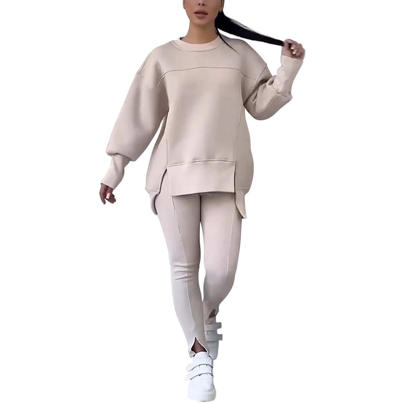 Streetwea - Tuta da ginnastica da donna, invernale, taglie S-2XL | Tuta sportiva da donna, 2 pezzi, vestibilità rilassata, girocollo, con spacco laterale, tinta unita, Y2K