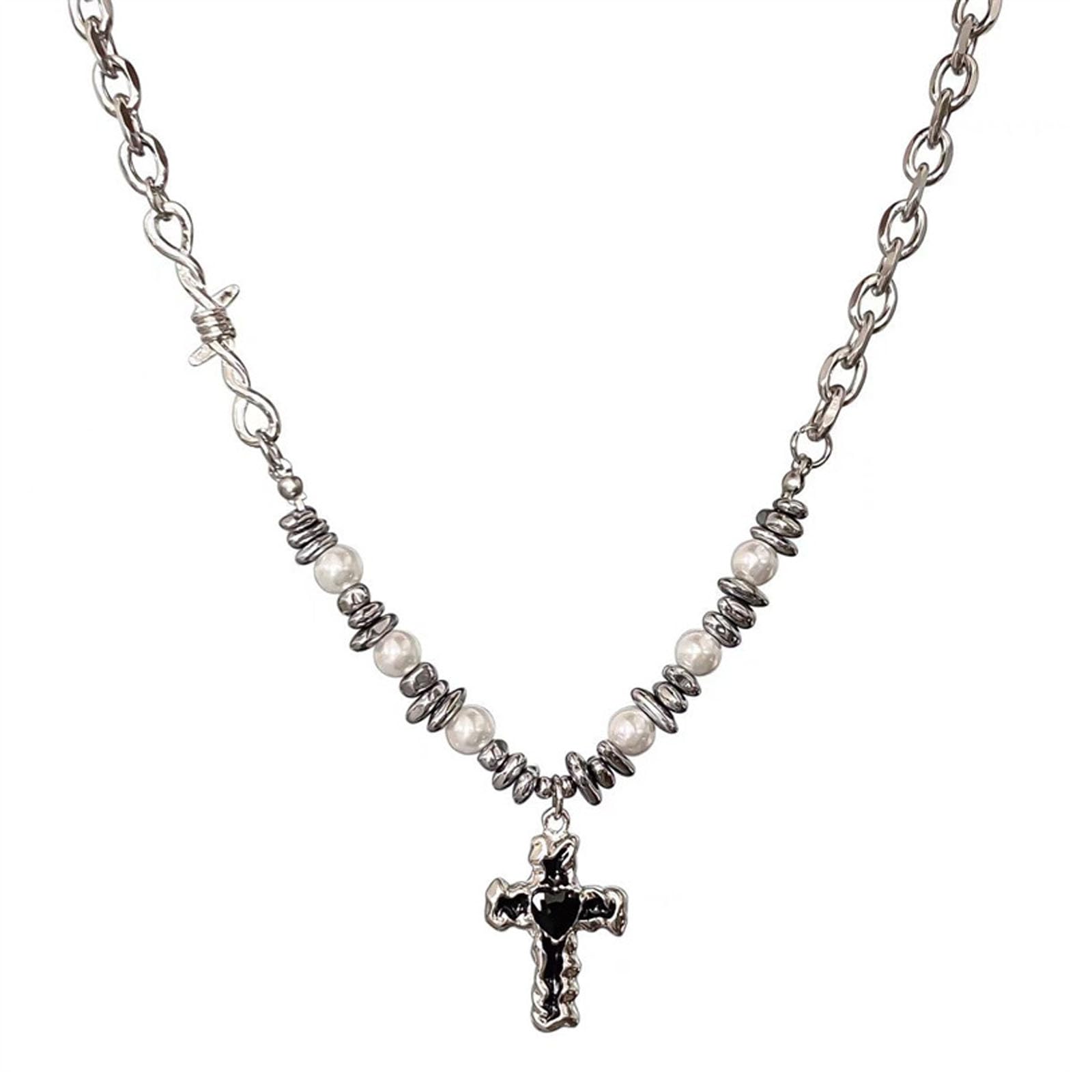 Gothic Jewellery Cross Necklace for Men, Punk Style Titanium Steel Pearl Chain, Alternative Fashion Accessories for Goth Events and Daily Wear, Unisex Religious Symbol Jewelry-picture-21