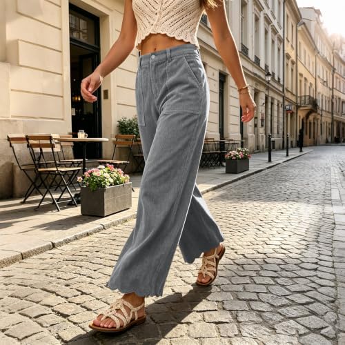 Womens Corduroy Pants Scalloped Hem Baggy Wide Leg Pants Loose Trousers - image 2