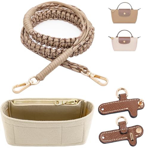 Image of Hand-Braided Paracord Strap & Mini Bag Organizer Set for Longchamp Mini No-Punch Conversion Kit, Includes Handwoven Adjustable Strap & Felt Inner Liner Tan & Beige