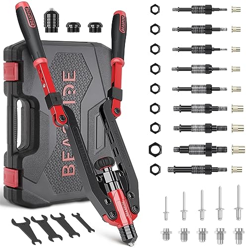 21' Rivet Nut Tool Pince à Rivets 2 en 1, Rivets Kit Riveteuse à Longue Poignée Pliable avec 9 Mandrins Métriques & SAE et 5 Têtes de Rivets, Poignée Pliante, Mallette de Transport Robuste
