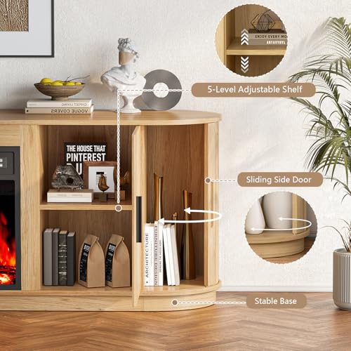 Image of Waleaf 70 inch Fluted Fireplace TV Stand with 23 inch Electric Fireplace for TVs Up to 80 inch, Entertainment Center with Sliding Door, Curved Profile Design, Wood Console for Living Room, Wood