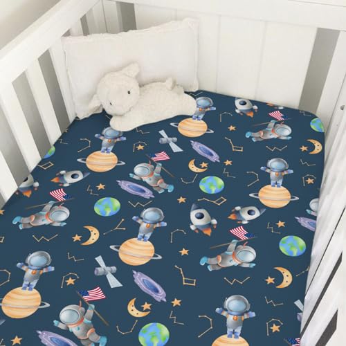 Image of Cartoon Outer Space Galaxy Ship Astronaut Baby Crib Sheets 52''x28'' Cute Spaceman Moon Stars Stretchy Fitted Crib Mattress Sheet for Boy Girl Soft Bed Sheets for Standard Crib and Toddler Mattress
