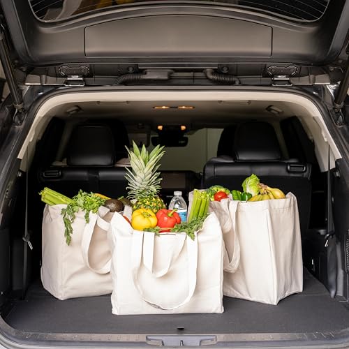 Image of Heavy Duty Grocery Tote Bag - Extremely Sturdy Extra Large Canvas Grocery Bag with Double Handles and Real Pockets - Premium Quality, Reusable, Washable and Foldable Cotton Cloth Grocery Bag (1 Bag)