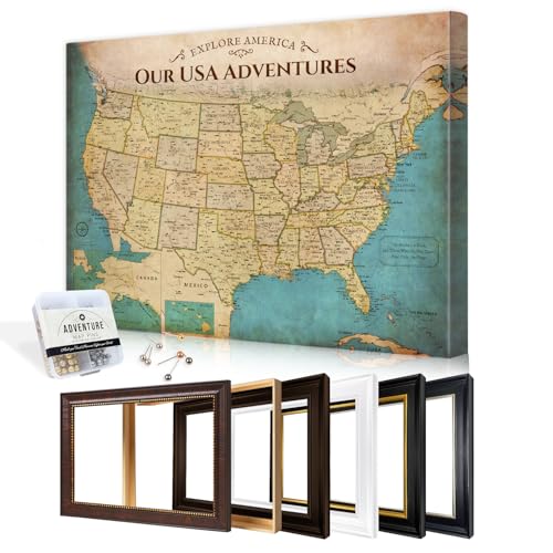 Image of DECORARTS - Oversized Personalized Push Pin Travel Map USA, Custom Name, Pin Board Canvas Wall Art, Antique Old United States Decor, Optional Wood Frame, Giclee Print, Handcrafted in USA, 40x30''