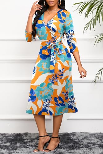 Runwind Women's Midi Dress,3/4 Sleeves V Neck Cocktail Party Dress Curvy Wrap Sexy Geometric Pattern Dresses with Belt2