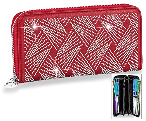 HANDBAG EXPRESS Bling Rhinestone Quilted Diamond Pattern Sparkle Accordion Wallets for Women Purse Multi Colors… (7373-DarkRed)