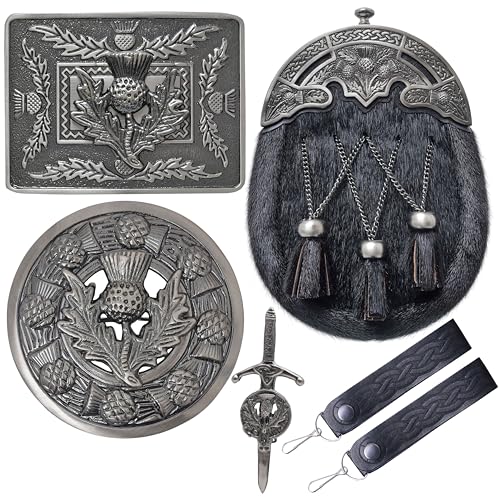 Full Dress Kilt Sporran for Men Genuine Leather Sporrans with Chain Belt Plaid Brooch Sporran Suspender (Thistle - Black)