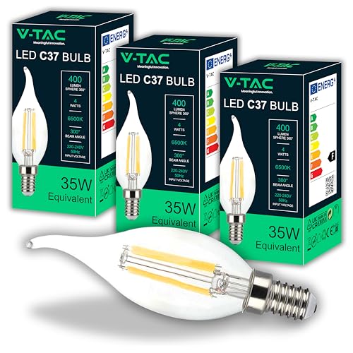 V-TAC 3x Ampoules LED Filament Bougie Flamme E14-4W (équivalent à 35W) 400 Lumen - 6500K Blanc Froid - Ouverture du faisceau lumineux 180° - Ampoule...