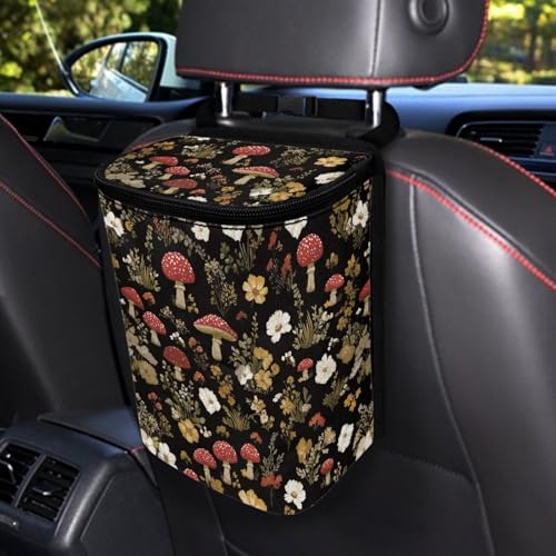 Retro Mushroom Daisy Flower Pattern Car Trash Can with Lid and Zipper Portable Foldable Trash Bin for Car Interior Accessories Multipurpose Garbage Can Bags Storage Organizer