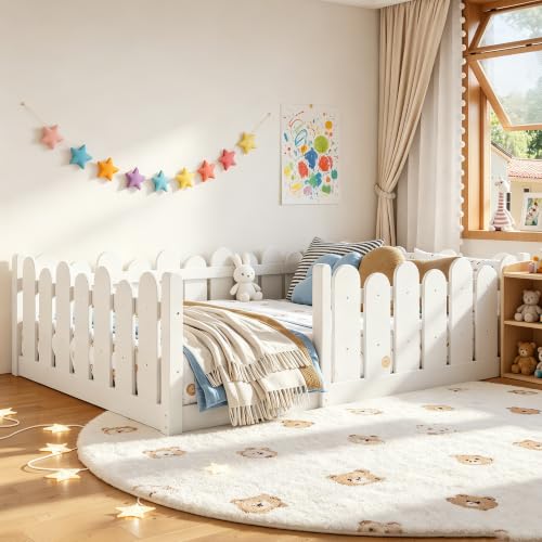Image of Bellemave Full Size Kids Montessori Floor Bed,Floor Bed Frame with Rounded Safety Guardrail,Solid Wood Montessori Bed for Girls Boys,White