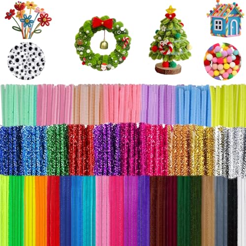 600pcs Tiges de Fils Chenille, 37 Couleurs 400 Cure Pipe, 100 Pompons en Fil Chenille et 100 Yeux...