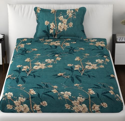 Image of Premium Heavy Cotton Elastic Fitted Bedsheets with 1 King Size Pillow Covers | Single Bed with All Around Elastic 350 TC | 36 x 78 x 6 Inch Single Size Fitted | - Green Flower