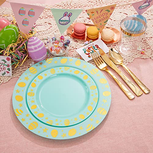 Luoda 150Pcs Blue Easter Plastic Plates With Gold Eggs Design, Disposable Gold Plastic Silverware And Gold Plastic Cups, Gold Plastic Dinnerware Set For Easter And Spring Party #TOP3