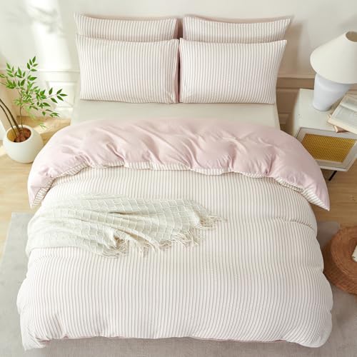 Image of Grayish Pink Striped Comforter Set Queen - 3 Pieces Bedding Comforter Set for All Season, Soft Lightweight Washed Microfiber, 1 Striped Comforter and 2 Pillowcases (Grayish Pink, Queen Size)