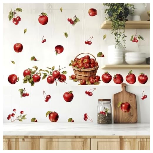 Apple Vintage Fruit Wall Stickers - Watercolor Red Cherry Apples, Retro Country Design for Bedroom, Nursery, Cabinet Decor