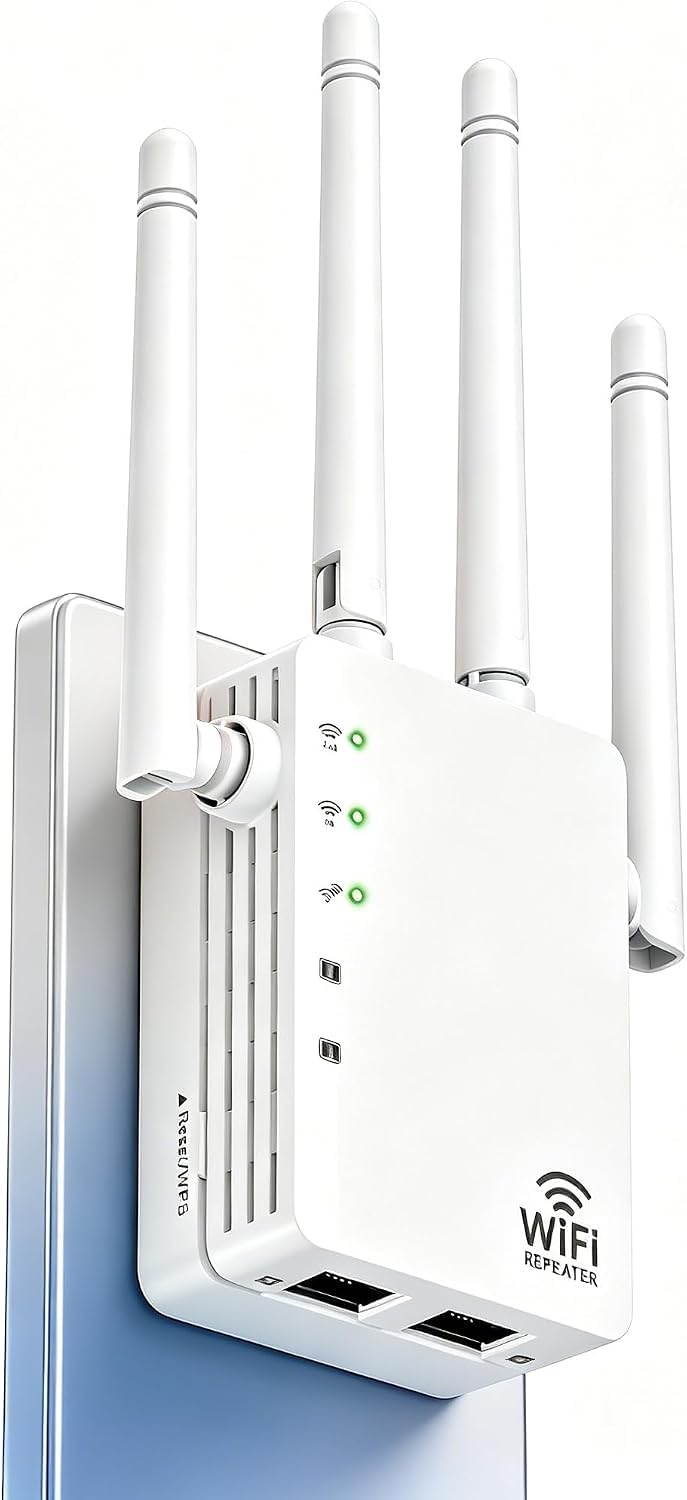 Home WiFi Extender Signal Booster 1200Mbps speed, 12880 Sq.ft coverage, connects 105 devices, and features fast 1‑key setup. WiFi Extender Signal Booster, 5.0G Simple Setup Home WiFi Range Expander