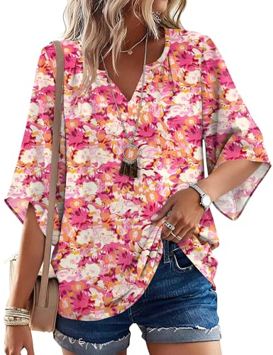 LOMON Plus Size Tunic Tops 3/4 Length Sleeve Linen Shirts for Women Dressy Casual Peasant Blouses to Hide Tummy Pink Floral
