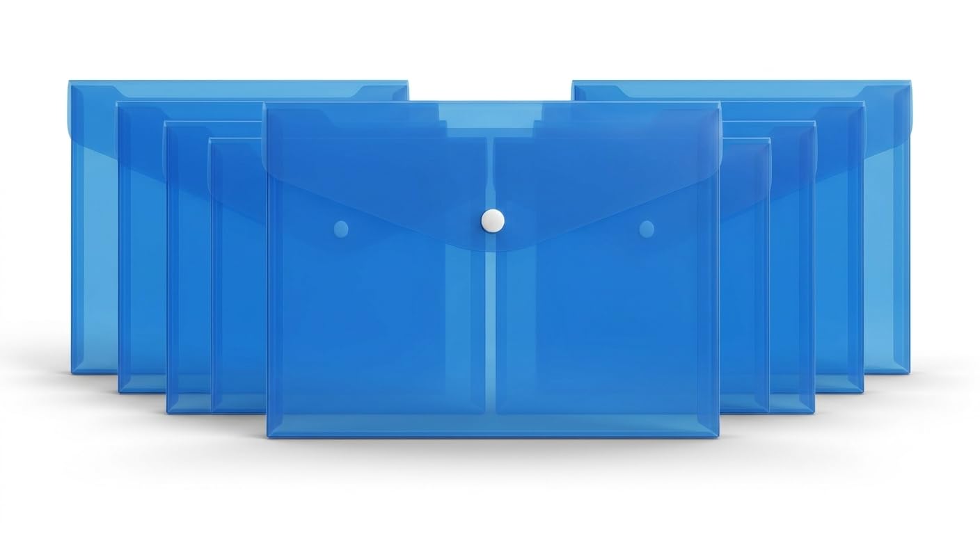 A4 Transparent Plastic Document Wallet with Snap Button Closure | Waterproof Poly Envelope Folder | Reusable Expanding File Pocket for Office, School & Home Document Storage (10, Blue)