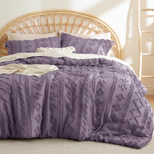 Bedsure Tufted Boho Comforter Set Queen Size - Grayish Purple Boho Bed Set, GentleSoft™ 3 Pieces Farmhouse Shabby Chic Embroidery Bedding, Gifts for Woman, Jacquard Queen Comforter for All Seasons