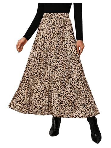 SweatyRocks Women's Leopard Print Pleated Skirt Elastic High Waisted Flowy Maxi Skirts