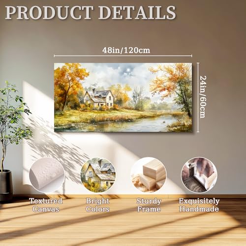 SERIMINO Rustic Landscape Large Wall Art, Forest Lake Cottage Painting Art Prints, Countryside Autumn Scenery Home Decor Artwork, Nature Canvas Wall Pictures for Living Room Bedroom Farmhouse 24"X48"