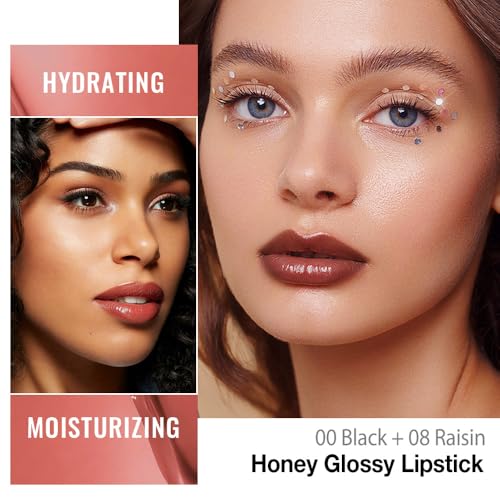 Image of Honey Lipstick Tinted Lip Balm - Shine Moisturizing Lipstick for Women, Natural Nourishing Hydrating Lip Gloss Stain for Dry Lips, Tint Sheer Lightweight Makeup, Vegan - 2Pc Brown & Raisin