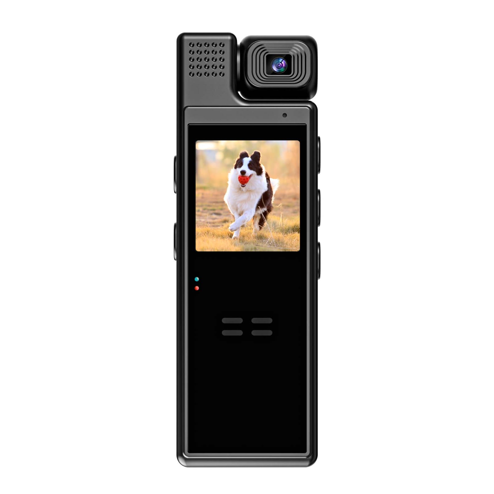 Front view of the Tauboly L11 Mini Body Camera, showing the lens at the top and the clip on the back.