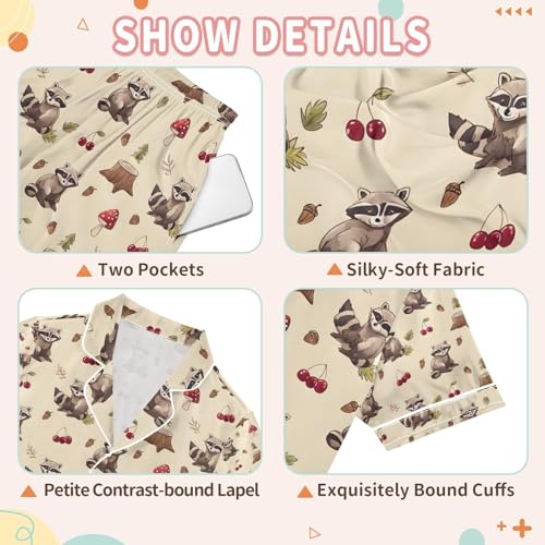 senya Brown Bear with Cherry Satin Summer Pajama Sets Silk Short Sleeve Button Down Sleepwear3