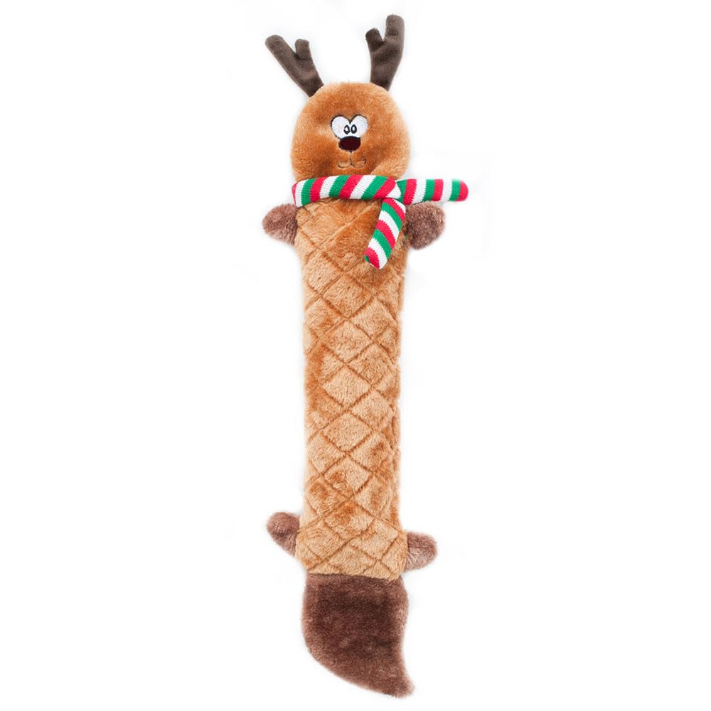 ZippyPaws - Jigglerz Holiday Tough No Stuffing Squeaky Plush Dog Toy with Crinkle Head and Tail - Reindeer