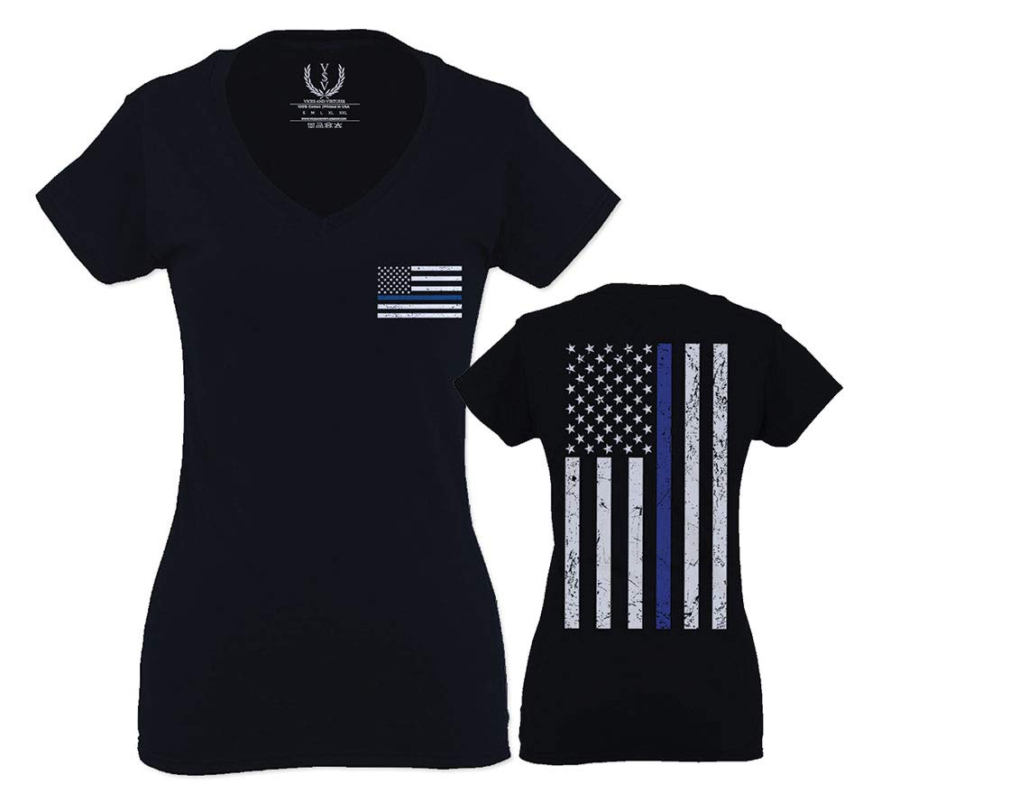 VICES AND VIRTUESAmerican Flag Thin Blue Line USA Police Support Lives Matter for Women V neck fitted T Shirt